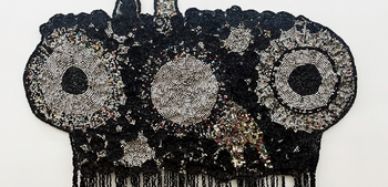 Moffat Takadiwa, Re-Reading Korekore, 2022, found plastic computer keys, Shona dictionary clippings, and calculator buttons, 255 x 360 x 10 cm