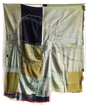 Rootless, 2018Teinture végétale sur composition de tissus anciens et usés, Assemblés et cousus à la machine, brodés et effilochés à la main